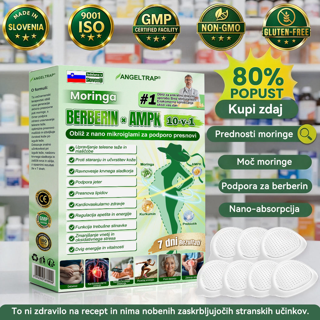 ✨ANGELTRAP® Moringa × Berberin × AMPK 10-v-1 Metabolična podpora, obliž z nanotehnologijo mikroiglic 🇸🇮 (Dovolj je enkrat na dan, vidni rezultati v 7 dneh) ✅ Za debelost, ohlapno kožo, sladkorno bolezen, spalno apnejo, težave s sklepi in številne druge